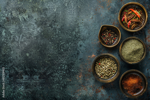 Assorted Spices in Bowls on Dark Textured Background 
