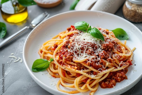 Pasta on a white plate on a gray background. Bolognese sauce. Popular Italian food, Ai generated