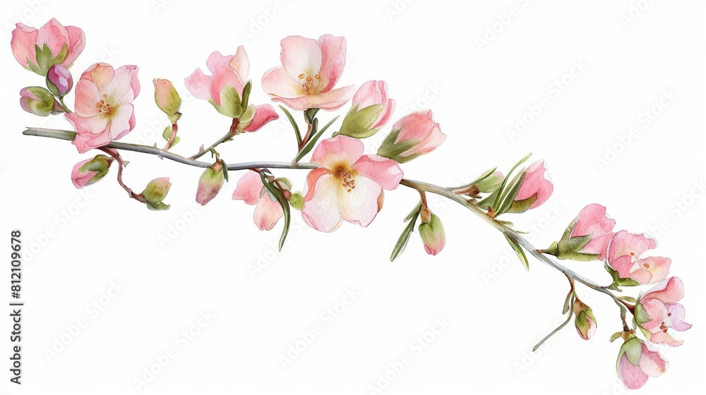 delicate pink wax flower twig with buds on white background isolated floral design element watercolor illustration