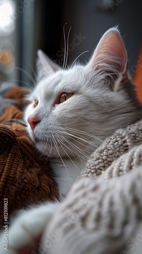 Comfycore Cat: White Feline Resting on Leg, Handheld Shot in Petcore Style photo