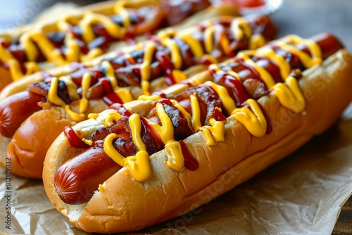 Iconic American hot dogs. Eat beef lunch. Generate Ai photo