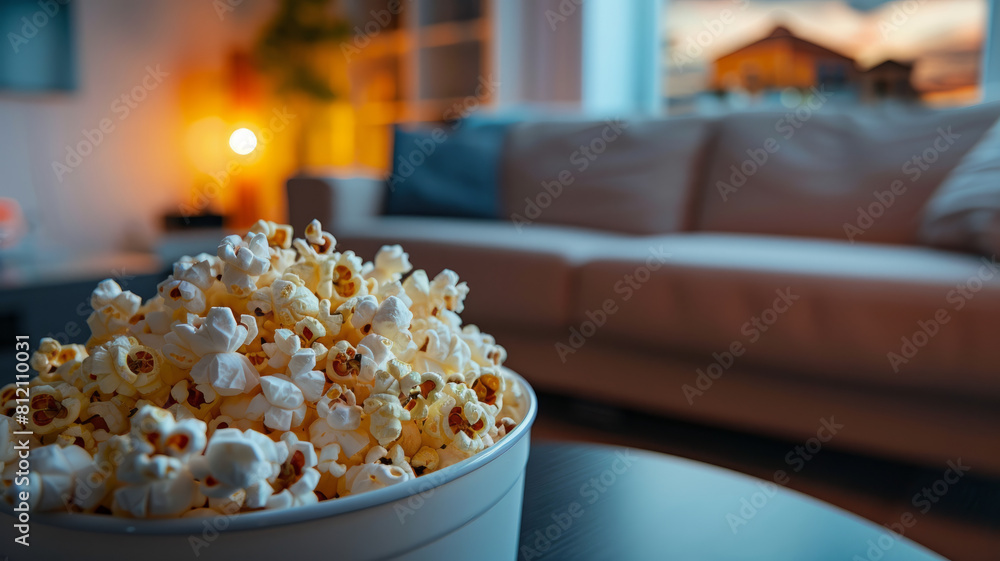 A bowl of popcorn on a table with a couch in the background A bowl of popcorn on a table with a couch in the background