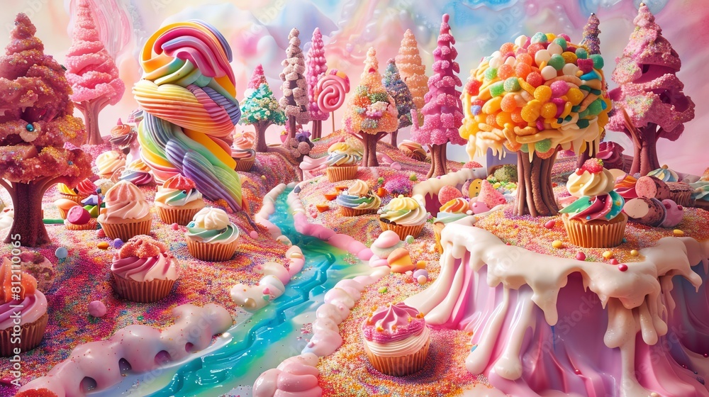 Craft a mesmerizing scene of a whimsical dessert forest from a worms-eye view Imagine towering cupcakes
