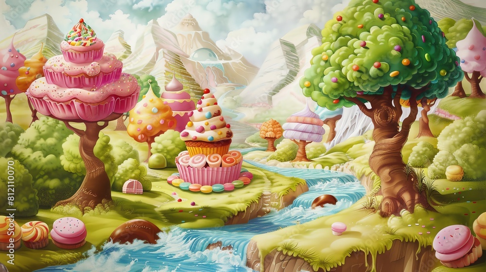 Craft a mesmerizing scene of a whimsical dessert forest from a worms-eye view Imagine towering cupcakes