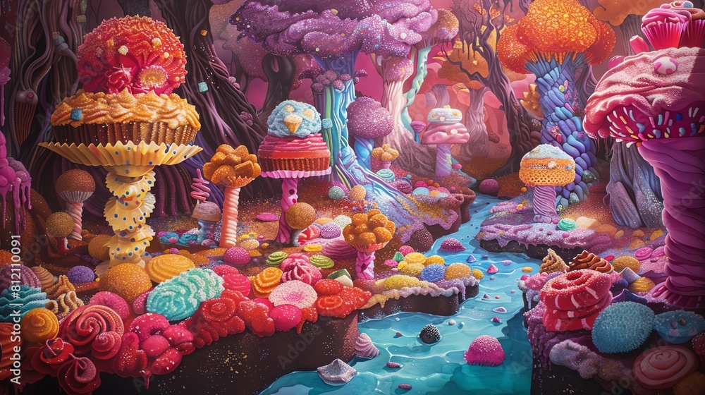 Craft a mesmerizing scene of a whimsical dessert forest from a worms-eye view Imagine towering cupcakes