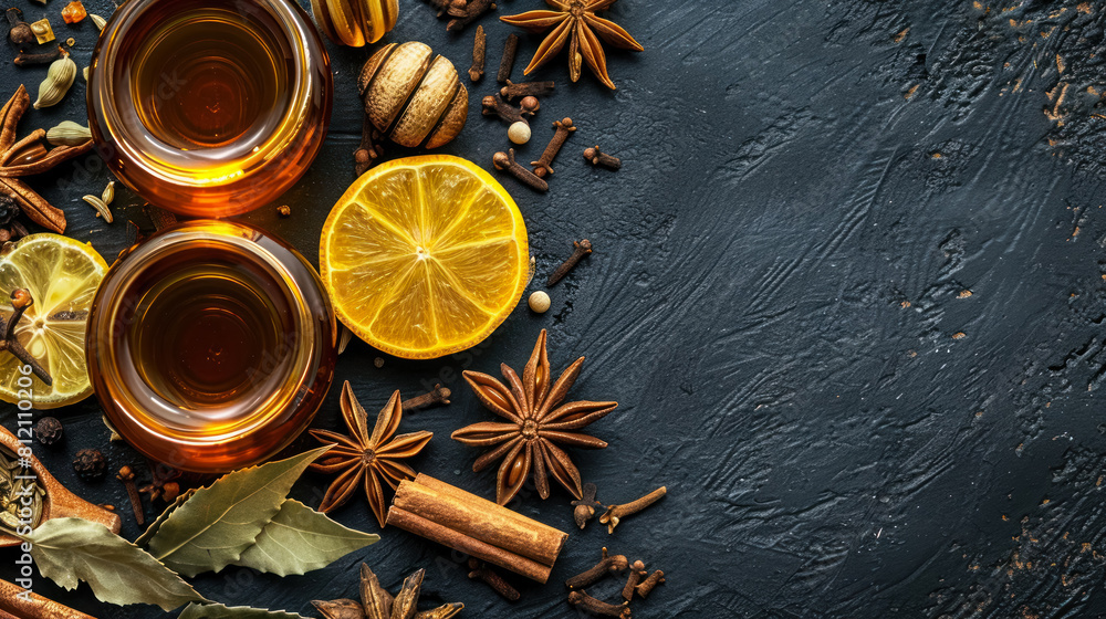  Aromatic spices and herbs around honey glasses on dark background