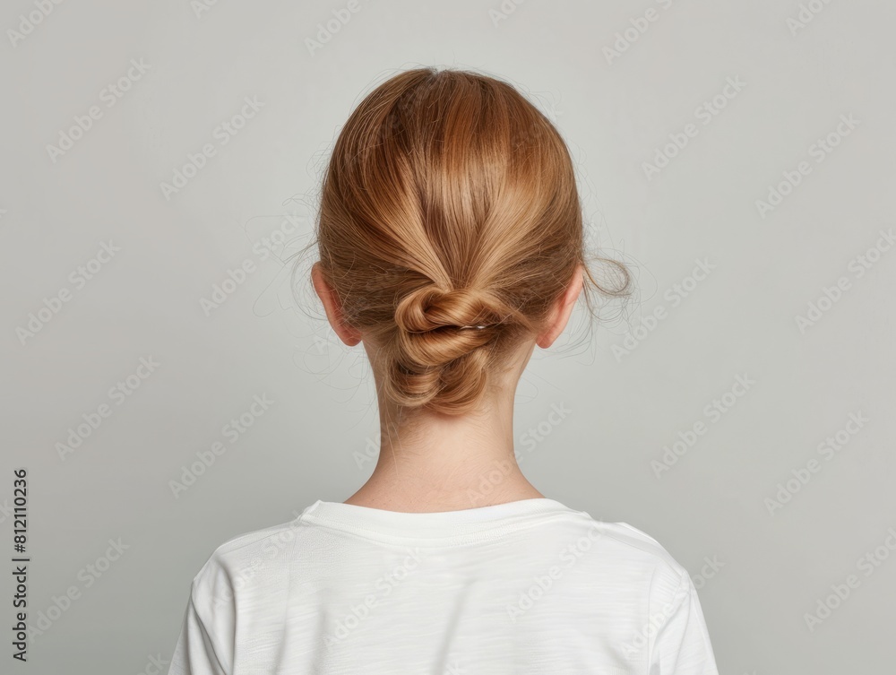 Young girl shows off her hair tied into low bun, young girl shows off her hair in low bun.