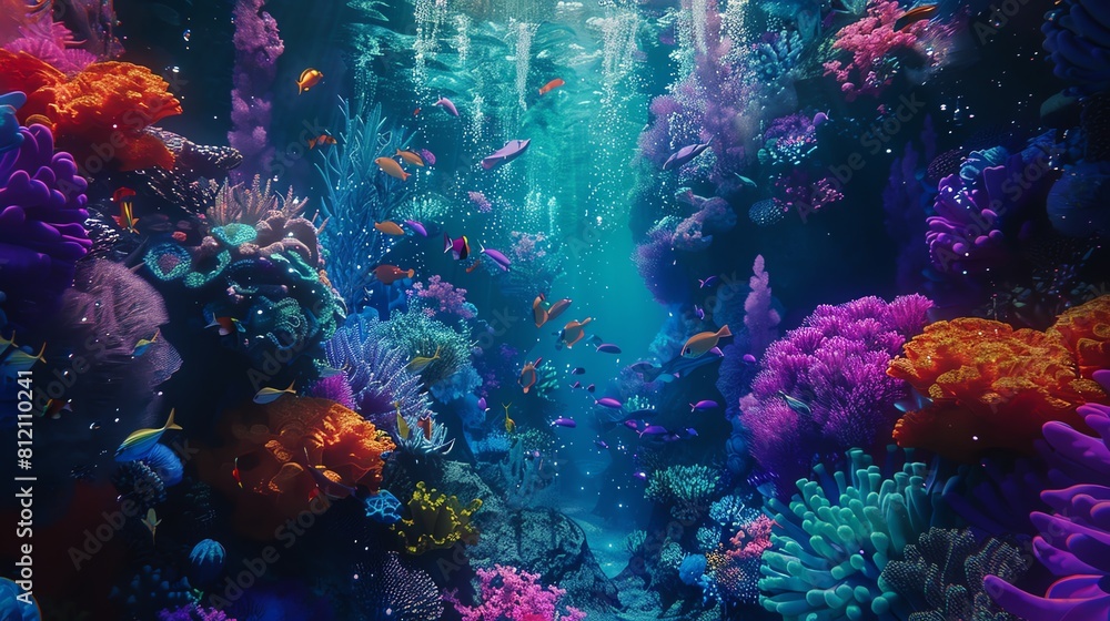 Create a striking visual representation of an underwater wonderland from a drones perspective
