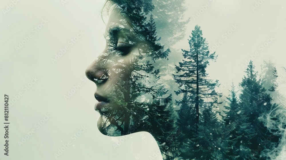 double exposure of womans face and forest conceptual image of environmental awareness digital art
