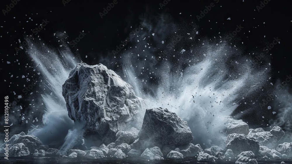 © Bijac - dramatic abstract composition of shattered rock boulder exploding into white dust and debris against black background dynamic 3d illustration