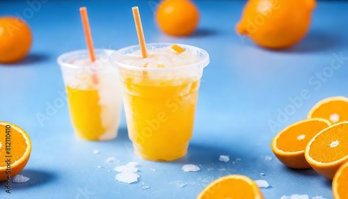 Slush ice with orange in Plastic Cup on background