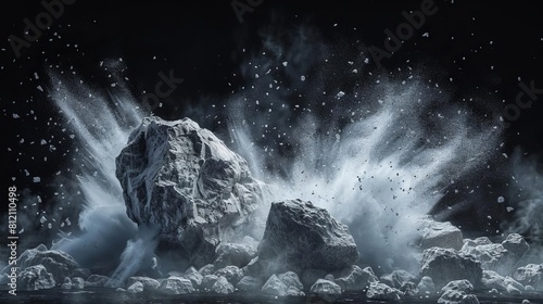 dramatic abstract composition of shattered rock boulder exploding into white dust and debris against black background dynamic 3d illustration photo