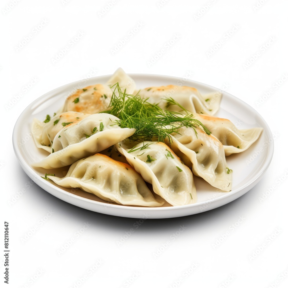 Dumplings with greens and dill on white plate, Dumplings with greens on plate. Dumplings with greens and dill on white plate, Dumplings with greens on plate.