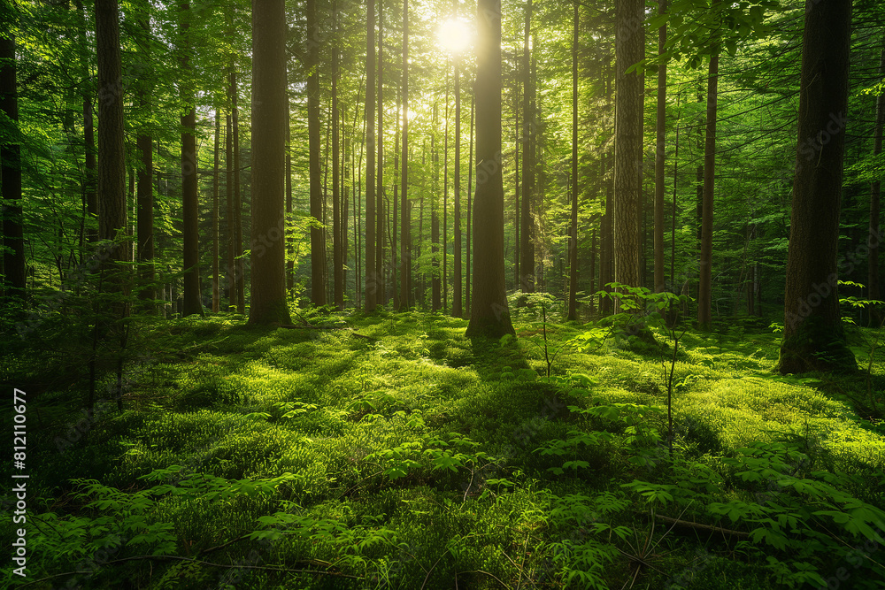 Obraz premium Sunlight streaming through a dense forest, illuminating the lush green undergrowth. Nature and tranquility concept. Design for wallpaper, environmental poster ,gennerlative ai