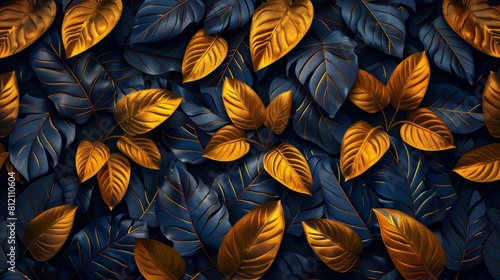 The modern background shows an abstract gold foliage pattern with tropical leaves  leaf branches  and plants in hand drawn patterns. Botanical jungle illustrations are suitable for use in banners 
