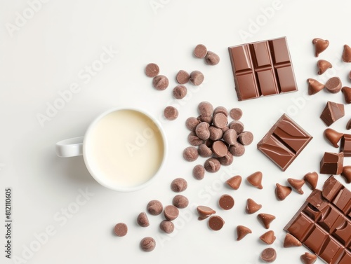 Cup of milk and chocolate bars, cup of milk chocolate and chocolate chips.