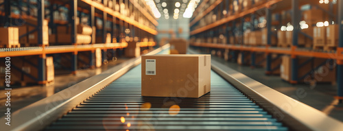 Cardboard box on conveyor belt in a distribution warehouse. Industrial logistics and shipping concept. Design for poster, banner ,gennerlative ai © Bank-adtapon