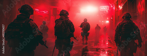 Squad of tactical units moving through a neon-lit urban environment. Futuristic military operation concept. Design for gaming poster, action movie visual, gennerlative ai