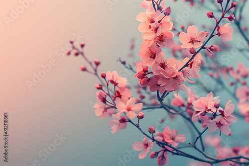 Delicate pink cherry blossoms on a soft focus background. Spring awakening and floral beauty concept. Design for greeting card, invitation, gennerlative ai