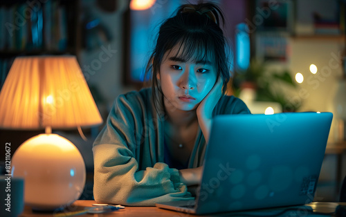 Shocked young woman using laptop at night. Indoor portrait with blue lighting. Online danger and internet security concept. Design for poster, banner ,gennerlative ai