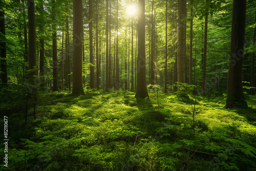 Sunlight streaming through a dense forest, illuminating the lush green undergrowth. Nature and tranquility concept. Design for wallpaper, environmental poster ,gennerlative ai