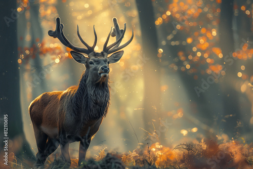 Majestic stag in a misty forest at sunrise. Wildlife and natural beauty concept. Design for wildlife poster, environmental campaign ,gennerlative ai