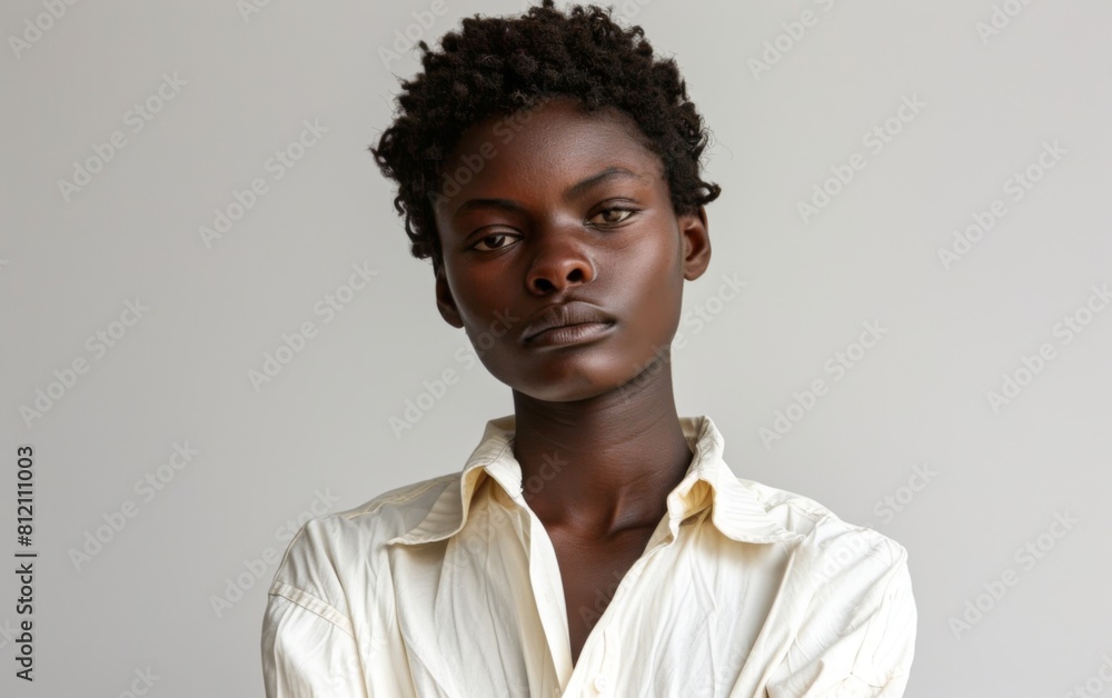 Obraz premium A woman with a white shirt and brown hair is looking at the camera. She has a serious expression on her face