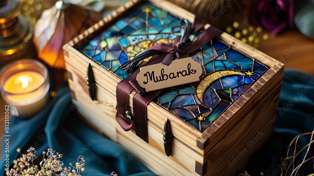 A wooden box adorned with a beautiful stained glass panel depicting a crescent moon and stars. A shimmering ribbon in jewel tones completes the look, with a tag reading Eid Mubarak in a classic font.