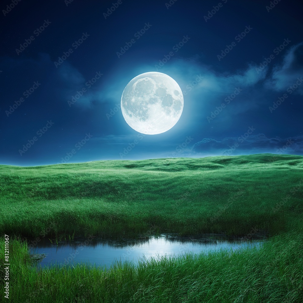 Fototapeta premium Wonderful night landscape. Moonlight over beautiful meadow