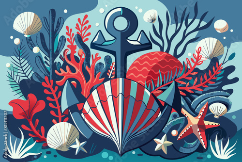 Sea shells  algae and starfish. Vector illustration isolated