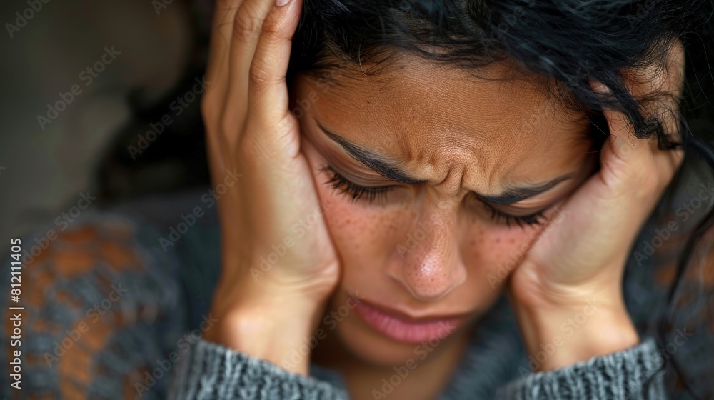 A Hispanic woman squeezes her temples with a pained expression, indicating a headache or overwhelming stress. A Hispanic woman squeezes her temples with a pained expression, indicating a headache or overwhelming stress.
