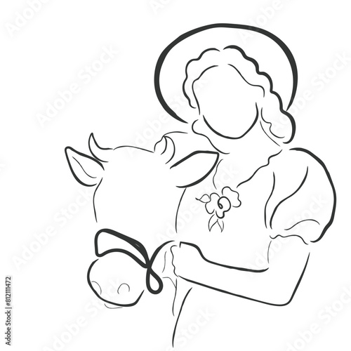 cowgirl floral art. hand drawn continuous line texan art for posters or postcards. printable cowboy ranch doodle.Hand drawn line art vector of girls in the farm. American wild west farms and cowboy 