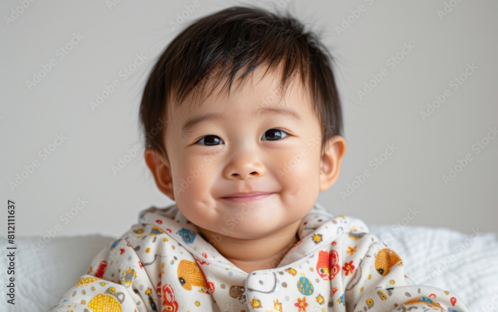 A baby is smiling and wearing a cute outfit with animals on it. The baby is sitting on a bed and looking at the camera A baby is smiling and wearing a cute outfit with animals on it. The baby is sitting on a bed and looking at the camera