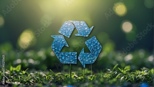 Vibrant Blue Recycle Symbol on Lush Green Grass - Eco-Friendly Close-Up