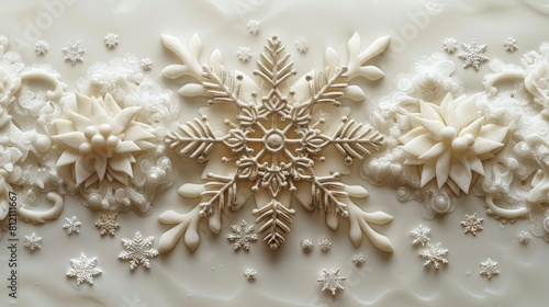 The modern illustration is decorated with a black and white decorative snowflake and snowfall on a white background. The design is suitable for invitation cards, greetings, wallpaper, posters,