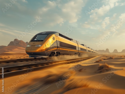 A train is traveling through a desert. The train is yellow and silver. The desert is dry and barren