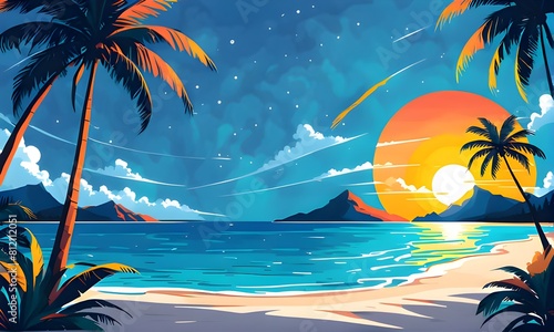 Tropical sunset with palm trees flat vector illustration. Generative AI