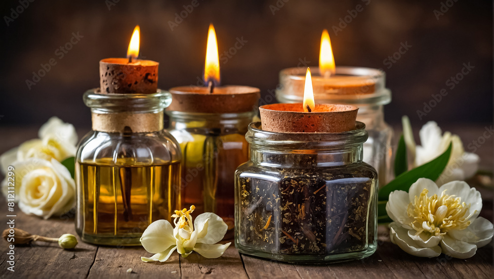 Cosmetic oil, candles, flowers luxury Cosmetic oil, candles, flowers luxury