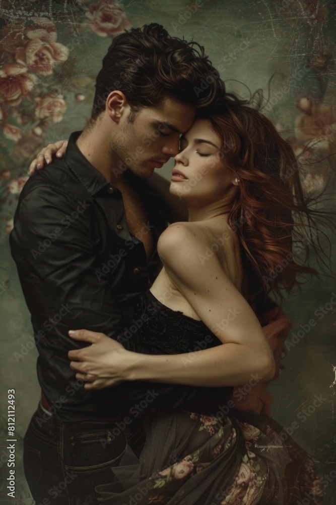 A tender scene of a man embracing a woman wearing a dress with a deep neckline, capturing a moment of closeness and affection.