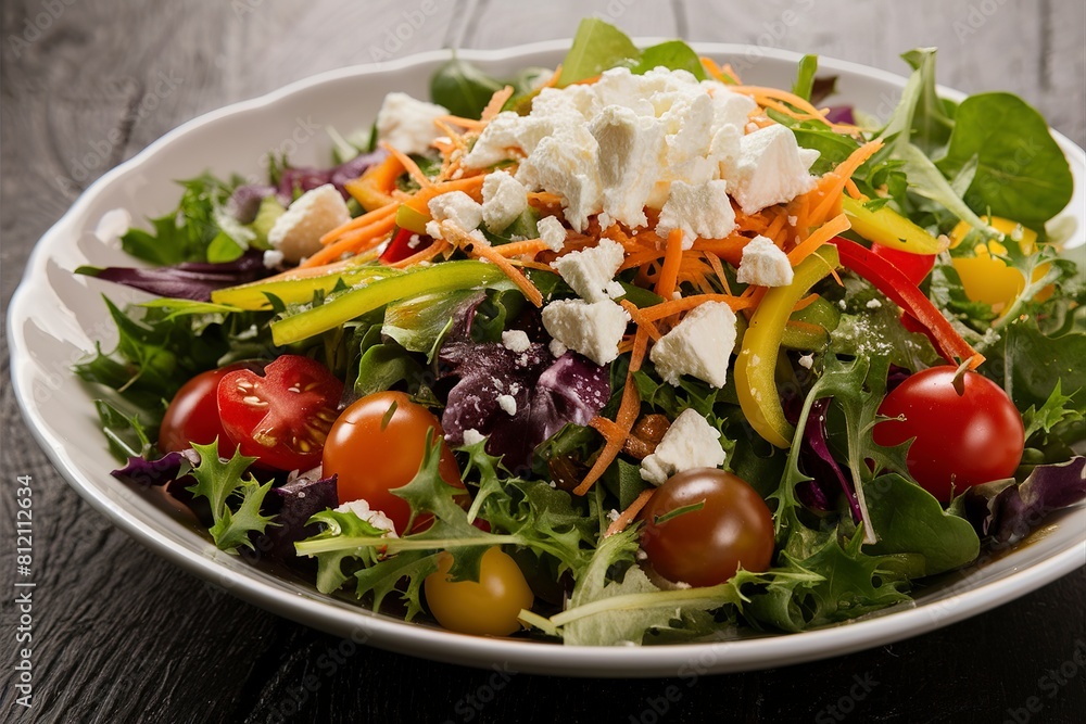 Happy and colorful salad with greens, vegetables, feta cheese Happy and colorful salad with greens, vegetables, feta cheese