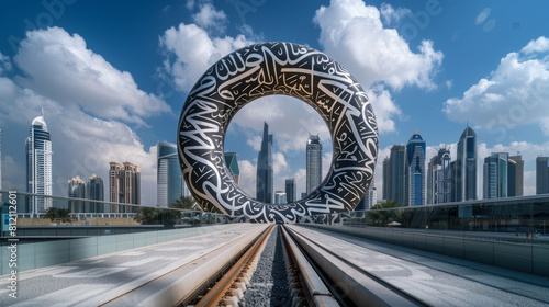 A giant ring-shaped sculpture with Arabic calligraphy stands in the middle of Dubai's cityscape. Futuristic city concept photo