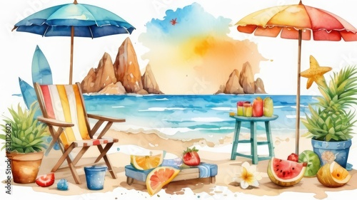 Beach Summer Vacation Sea Ocean watercolor painting Abstract background.