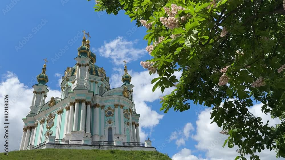 Ukraine Kyiv st. Andrew's church and blossoming horse chestnut trees. Ukraine Kyiv st. Andrew's church and blossoming horse chestnut trees.