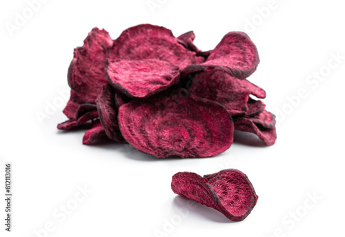 Dried beetroot chips isolated on white background