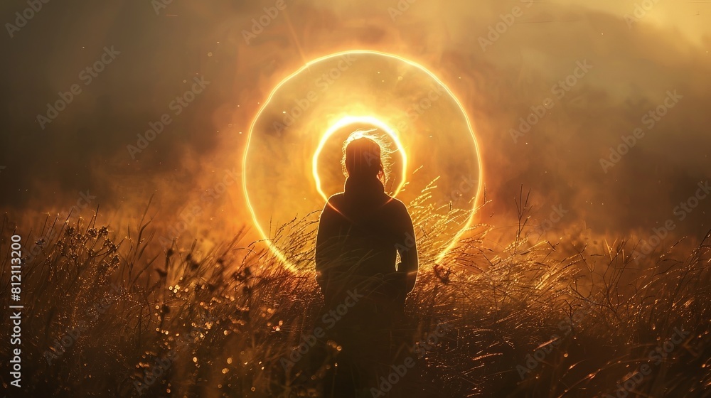 Artistic interpretation of a person in nature, with the sunlight creating a halo effect that mimics an aura