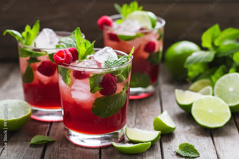 Raspberry mojito cocktail with lime, mint and ice, cold, iced refreshing drink or beverage