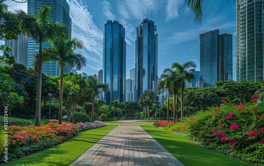 A city park with a long walkway and a large number of palm trees. The walkway is lined with flowers and the sky is clear and blue