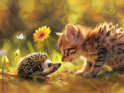 A curious kitten cautiously sniffs a hedgehog, depicting a charming encounter between two unlikely friends exploring each other's differences.