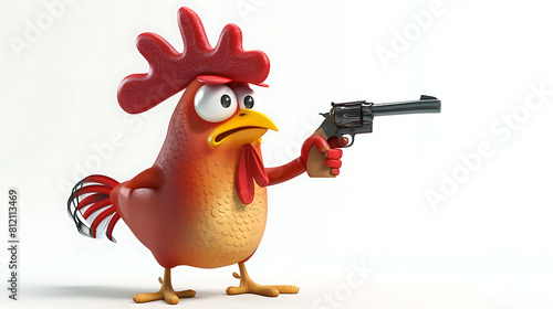 3d cartoon chicken bring gun on white background