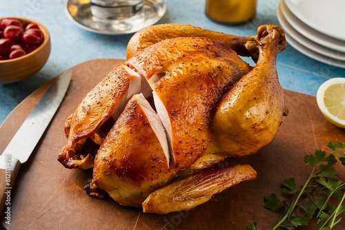 Roasted or smoked whole carved chicken on a cutting board